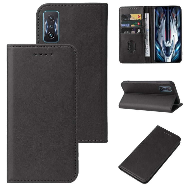 Black magnetic folio leather phone case with card slots and kickstand, open view