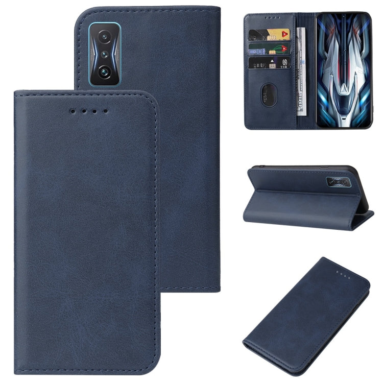 Blue magnetic folio leather phone case with card slots and kickstand, open view
