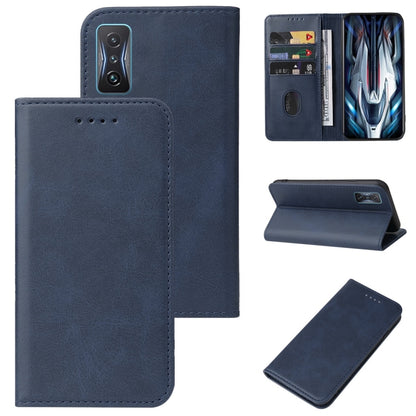 Blue magnetic folio leather phone case with card slots and kickstand, open view