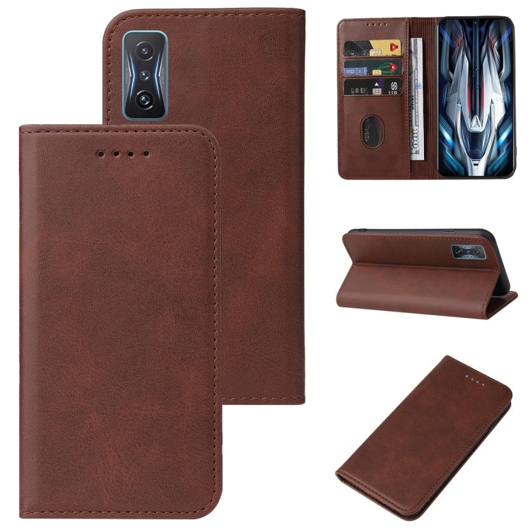 Brown magnetic folio leather phone case with card slots and kickstand, open view