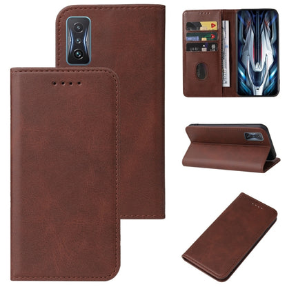 Brown magnetic folio leather phone case with card slots and kickstand, open view