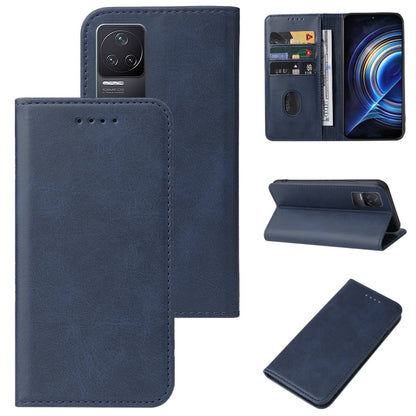 Blue magnetic folio leather phone case with card slots and kickstand, open view