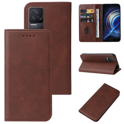 Brown leather magnetic flip phone case with card slot and stitched edges