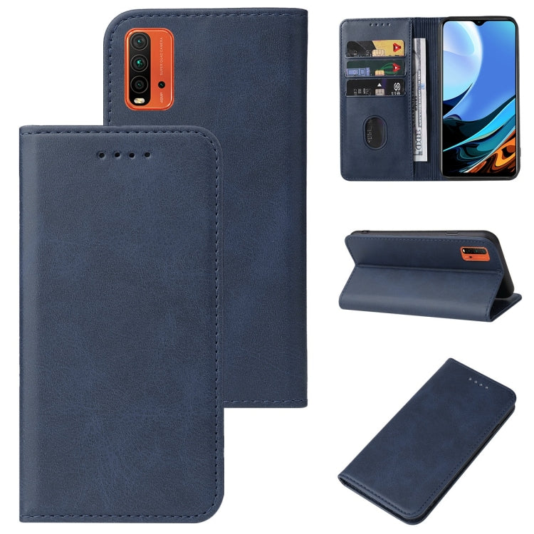 Blue leather magnetic flip phone case with card slot and stitched outer edge