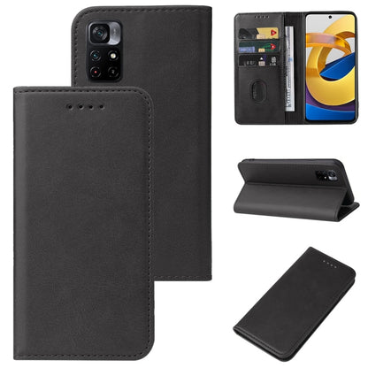 Leather folio phone case with magnetic closure, black; camera cutout and kickstand.