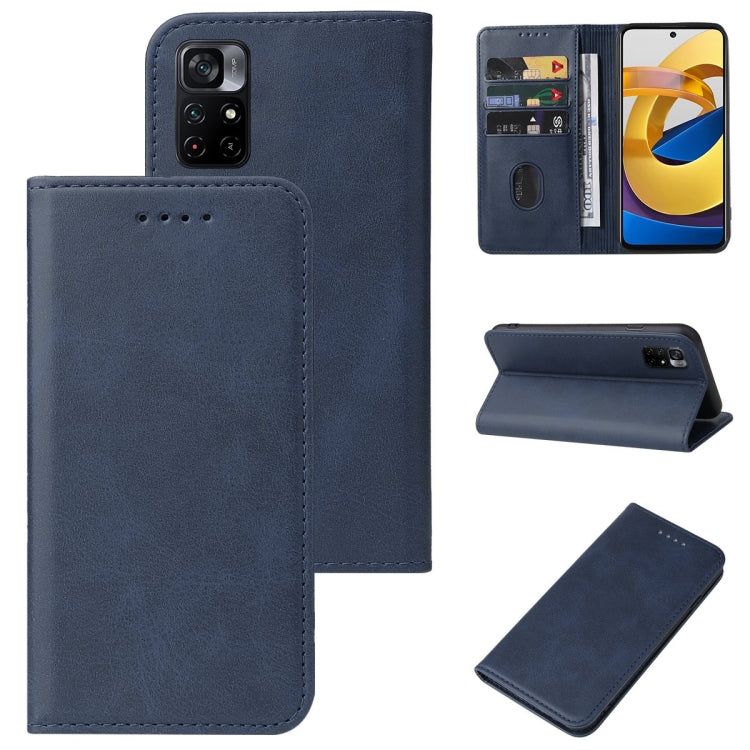 Leather folio phone case with magnetic closure, blue; front flap and kickstand.