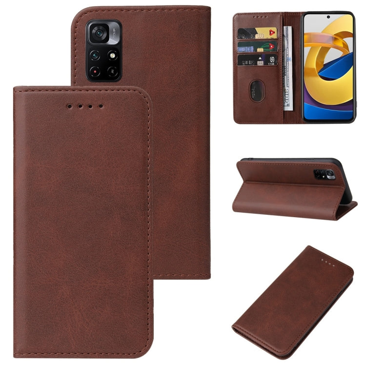 Leather folio phone case with magnetic closure, brown; front flap and kickstand.