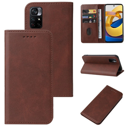 Leather folio phone case with magnetic closure, brown; front flap and kickstand.