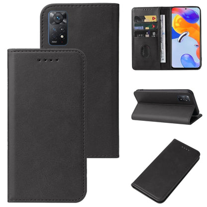 Leather folio phone case with magnetic closure, black; card slot and camera cutout.