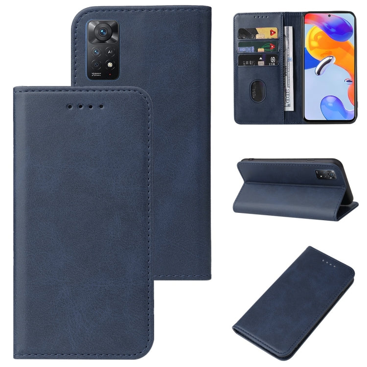 Leather folio phone case with magnetic closure, blue; card slot and stand view.