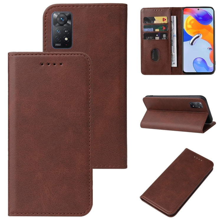 Leather folio phone case with magnetic closure, brown; card slot and stand view.