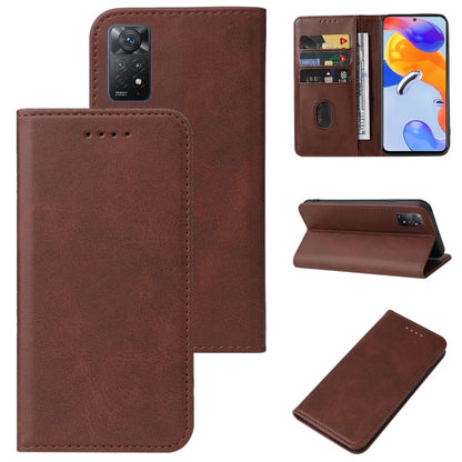 Leather folio phone case with magnetic closure, brown; card slot and stand view.