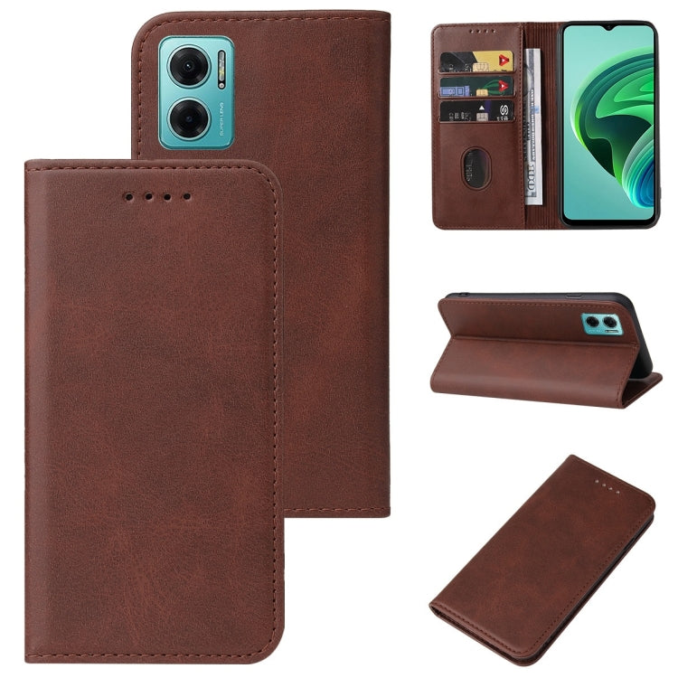 Brown leather wallet phone case with magnetic closure, card slots, and kickstand