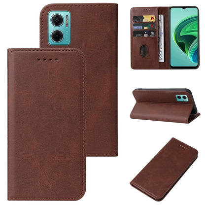 Brown leather wallet phone case with magnetic closure, card slots, and kickstand