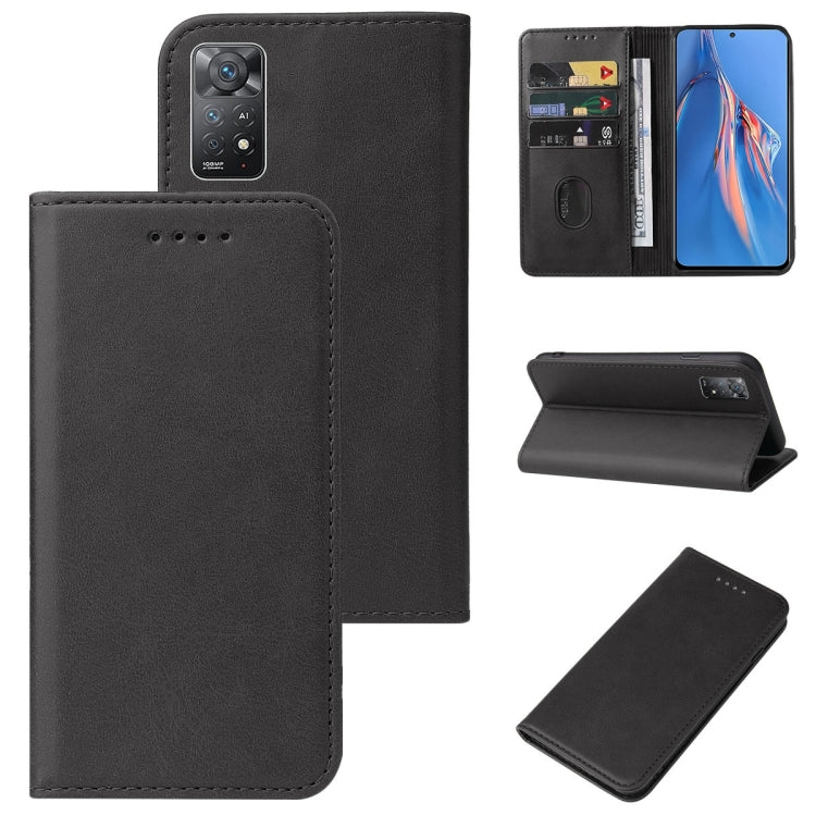 Black leather wallet phone case with magnetic closure, card slots, and kickstand