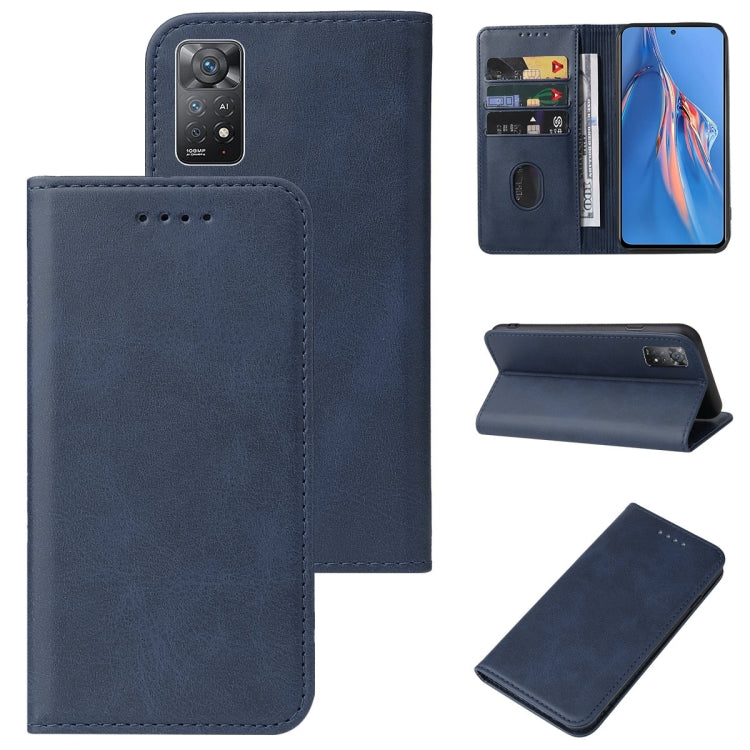 Blue leather wallet phone case with magnetic closure, card slots, and kickstand