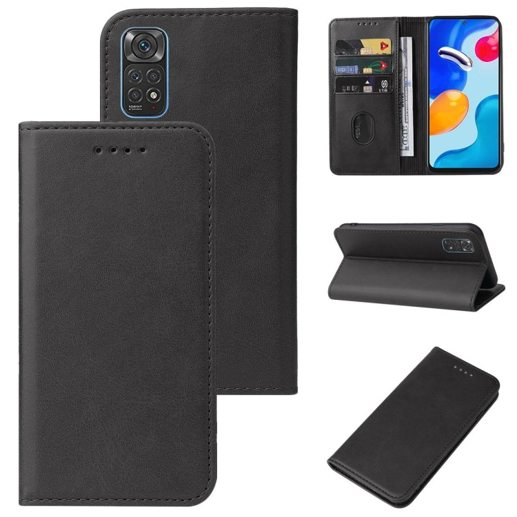 Black leather wallet phone case with magnetic closure, card slots, and stand