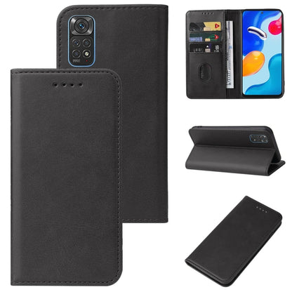Black leather wallet phone case with magnetic closure, card slots, and stand