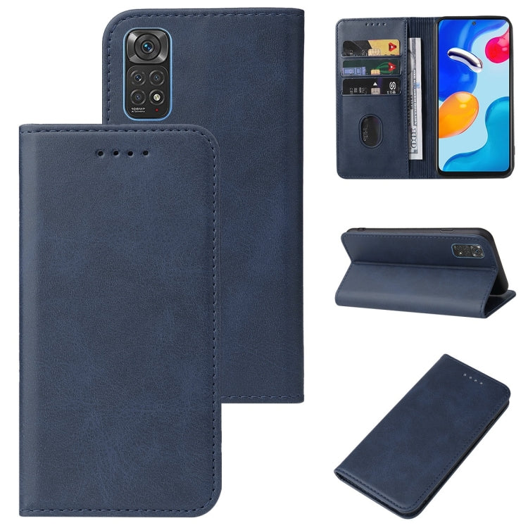 Blue leather wallet phone case with magnetic closure, card slots, and stand