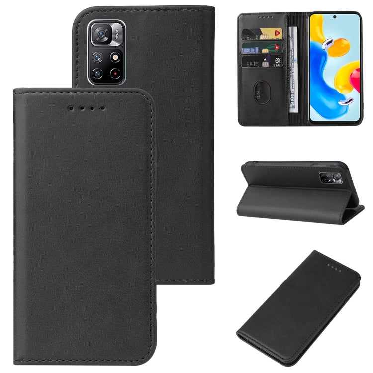 Black leather wallet phone case with magnetic closure, card slots, and kickstand