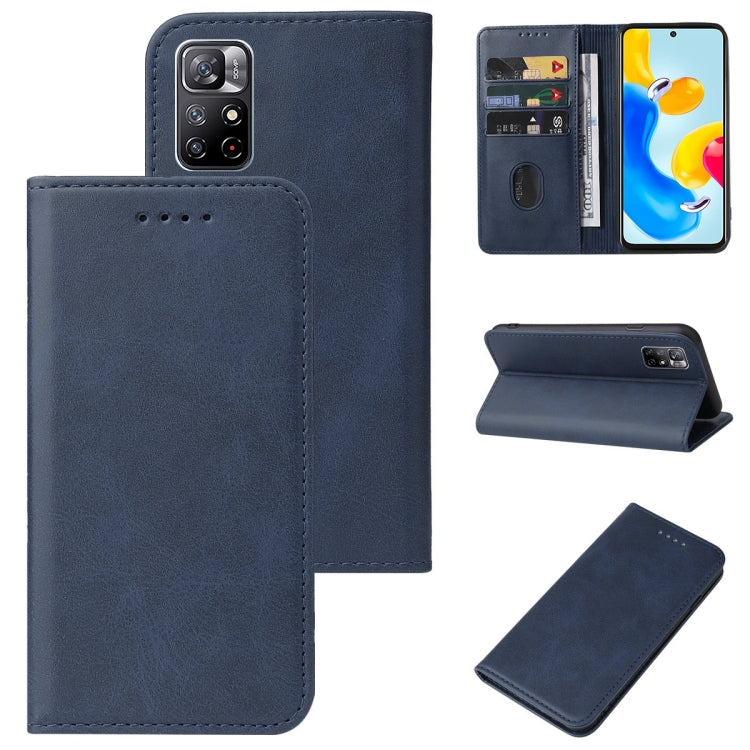 Blue leather wallet phone case with magnetic closure, card slots, and kickstand