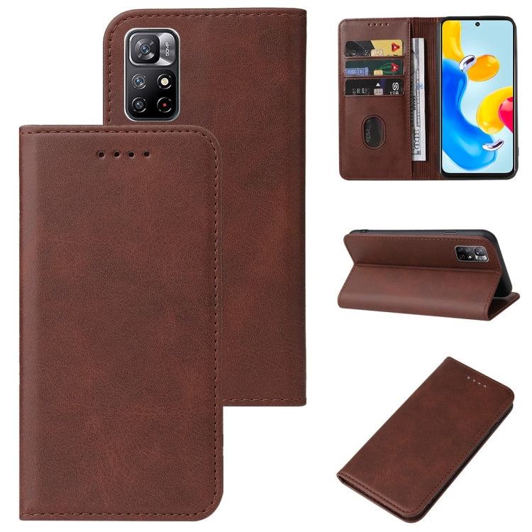 Brown leather wallet phone case with magnetic closure, card slots, and kickstand