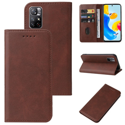 Brown leather wallet phone case with magnetic closure, card slots, and kickstand