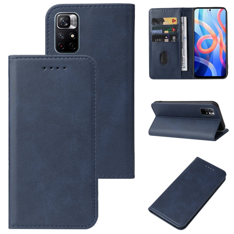 Blue leather phone case with magnetic closure, card slot, and stand cover