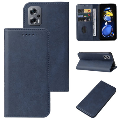 Blue leather phone case with magnetic closure, card slot, and stand cover