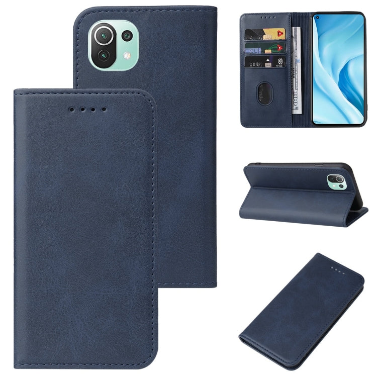 Blue leather phone wallet case with magnetic closure, card slots, and folio stand