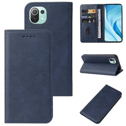Blue leather phone wallet case with magnetic closure, card slots, and folio stand