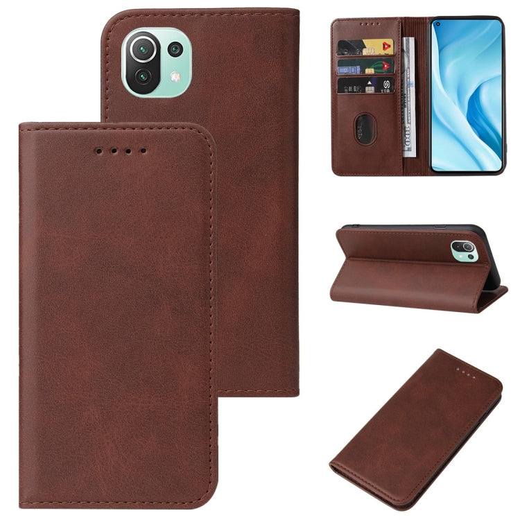 Brown leather phone wallet case with magnetic closure and stitched folio cover