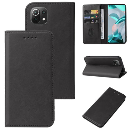 Black leather phone wallet case with magnetic closure, card slot window, and flap