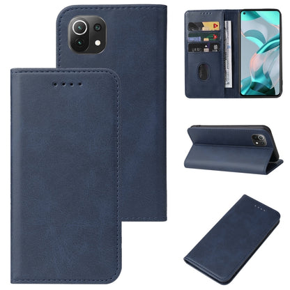 Blue leather phone wallet case with magnetic closure and card slots in folio style