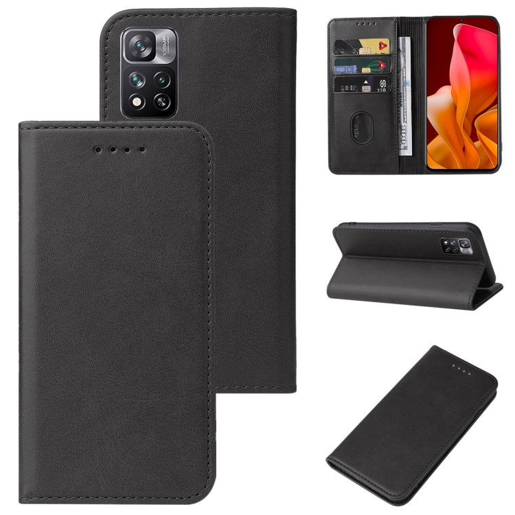 Black leather phone wallet case with magnetic closure, card slot window, and folio