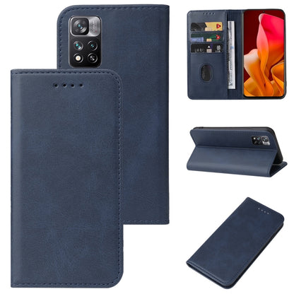 Blue leather phone wallet case with magnetic closure and card slots, folio cover