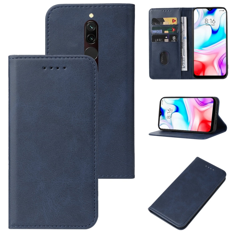 Blue leather phone case with magnetic closure, front cover, and card slot; phone display visible