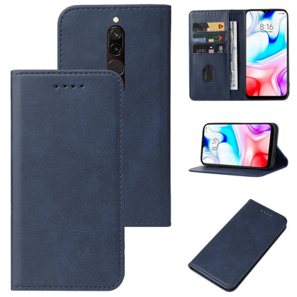 Blue leather phone case with magnetic closure, front cover, and card slot; phone display visible