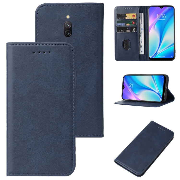 Blue leather folio phone case with magnetic closure and card slot; kickstand shown