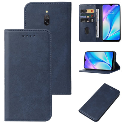 Blue leather folio phone case with magnetic closure and card slot; kickstand shown
