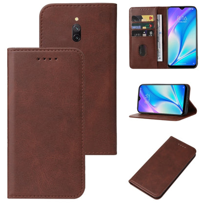 Brown leather folio phone case with magnetic closure, card holder, and camera cutout