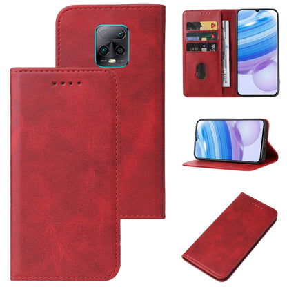 Red leather phone case with magnetic closure, camera cutout, card slot, stand