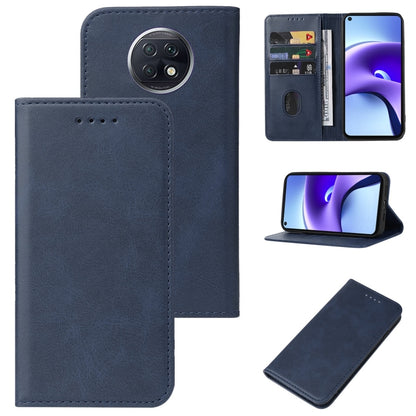 Blue leather magnetic phone case with front cover and card slot; rear camera cutouts