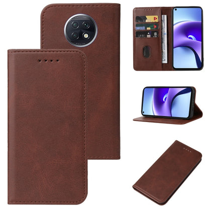 Brown magnetic closure leather phone case with folio flap, card slot, and camera cutout