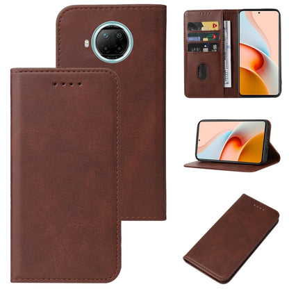 Brown leather wallet phone case with magnetic closure, card slots, and camera cutout