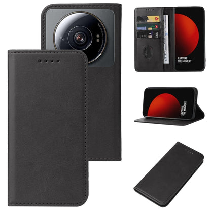 Black leather magnetic flip phone case with camera cutout and card pocket.