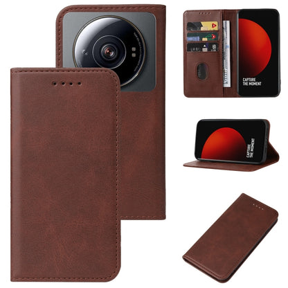 Brown leather wallet phone case with magnetic closure, phone window, and card slot