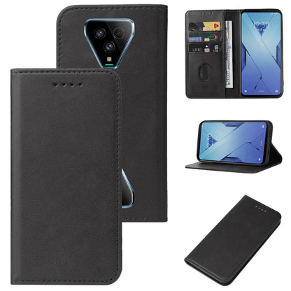 Black leather magnetic flip phone case with kickstand and card pocket.