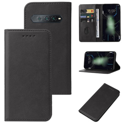 Black leather magnetic flip phone case with side cutouts and card pocket.