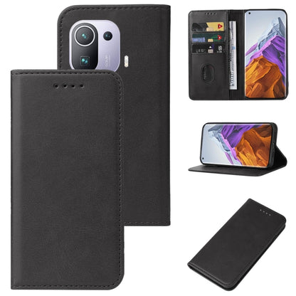 Black leather magnetic flip phone case with camera window and front card pocket.
